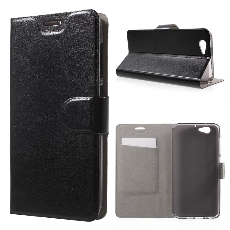 Crazy Horse Card Holder Leather Stand Case for HTC One A9s Built-in Steel Sheet - Black-1