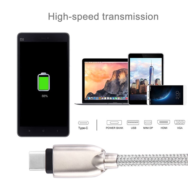 1m Zinc Alloy Woven Type-c USB Data Sync Charging Cable for HTC 10/LG G5 - Silver Color-5