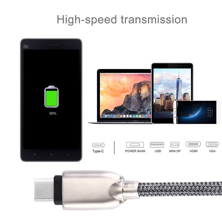 1m Zinc Alloy Woven USB Type-c Charging Data Cable for HTC 10/LG G5 - Grey-5