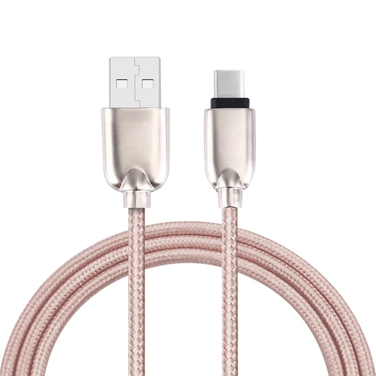 Zinc Alloy Woven Type-c USB Sync Charge Cable 1m for HTC 10/LG G5 - Rose Gold Color-1