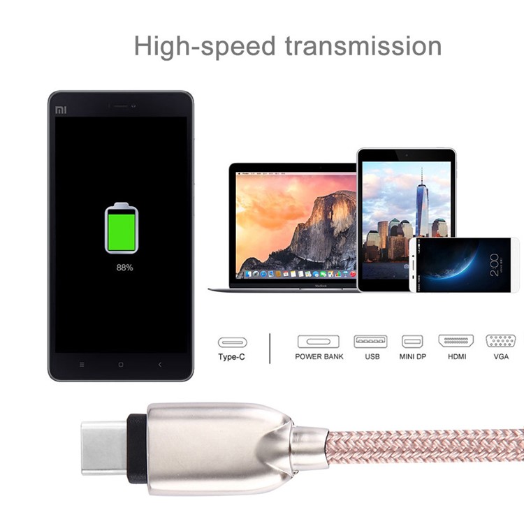 Zinc Alloy Woven Type-c USB Sync Charge Cable 1m for HTC 10/LG G5 - Rose Gold Color-5