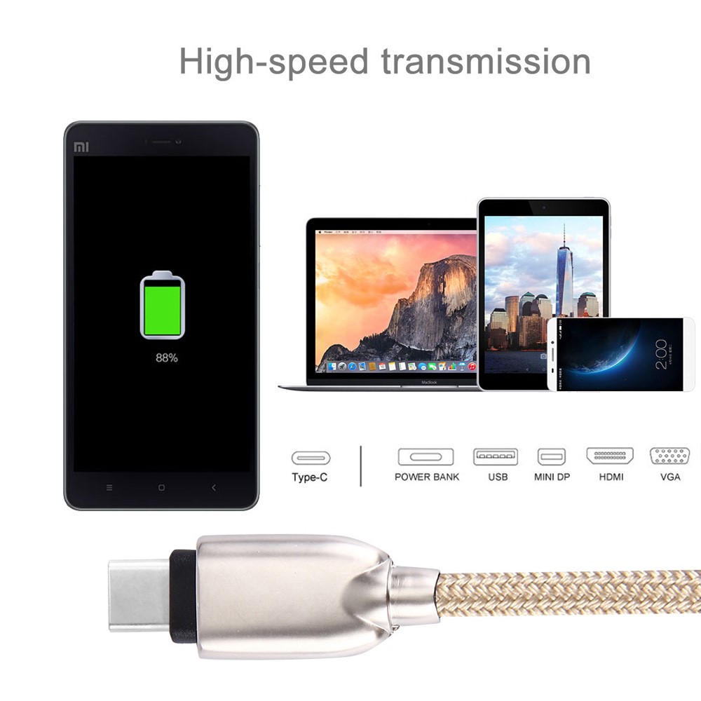 Zinc Alloy Type-c USB Data Sync Charging Braided Cable 1m for HTC 10/LG G5 - Gold Color-5