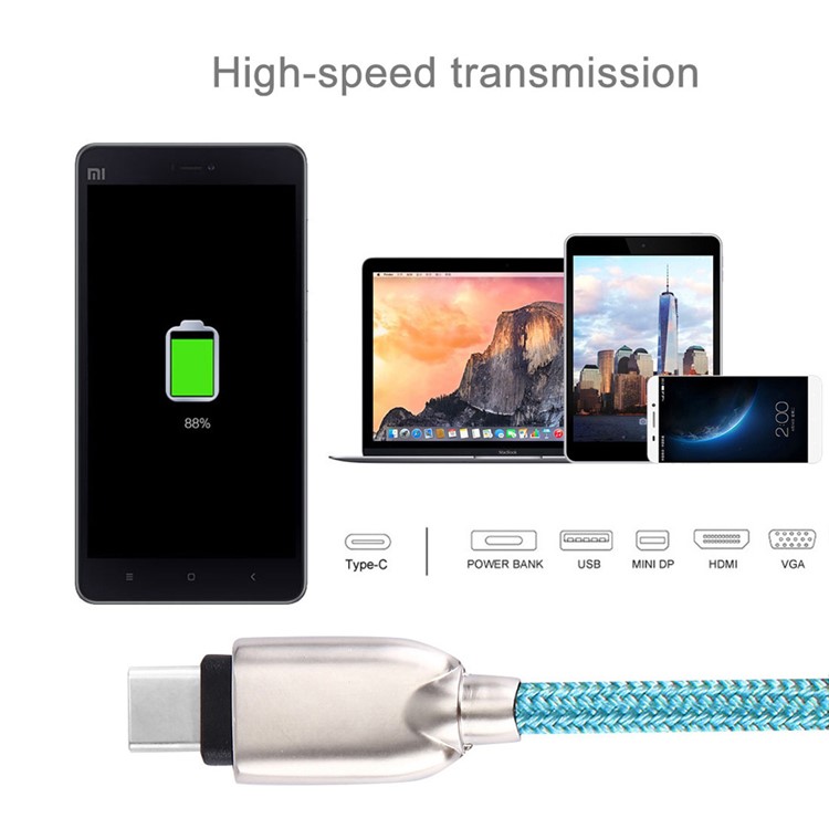 1m Zinc Alloy USB Type-c Data Sync Charging Woven Cable for HTC 10/LG G5 - Blue-5