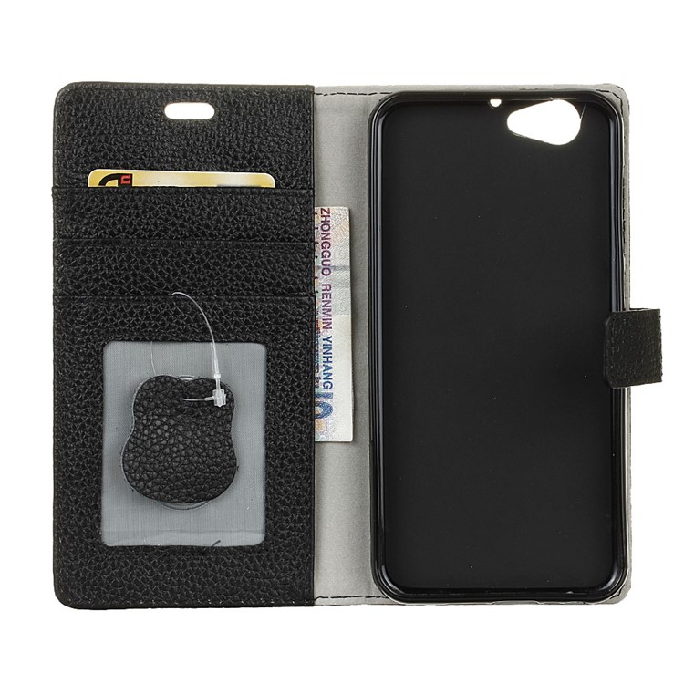 For HTC One A9s Genuine Leather Wallet Case Stand Lychee Texture - Black-4