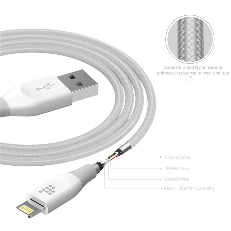 TRONSMART MFI Certified 1.8m Braided Lightning 8pin Data Charging Cable - White-4