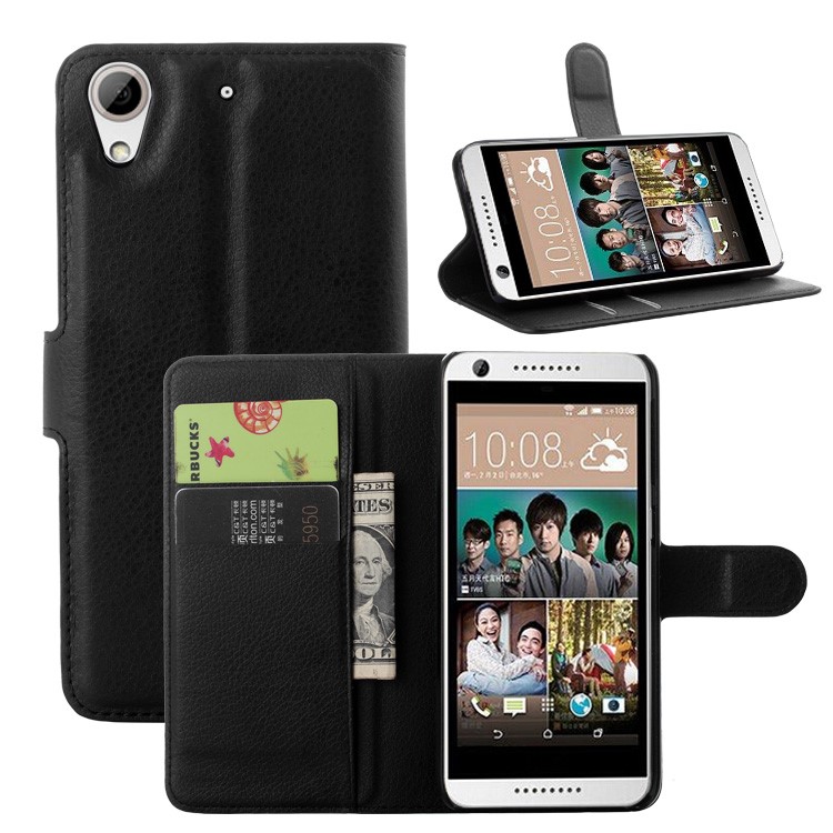For HTC Desire 650 Single SIM Phone Case Litchi Leather Wallet Stand Cover - Black-1
