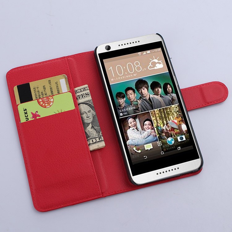 Litchi Leather Magnetic Wallet Flip Cover for HTC Desire 650 Single SIM - Red-5