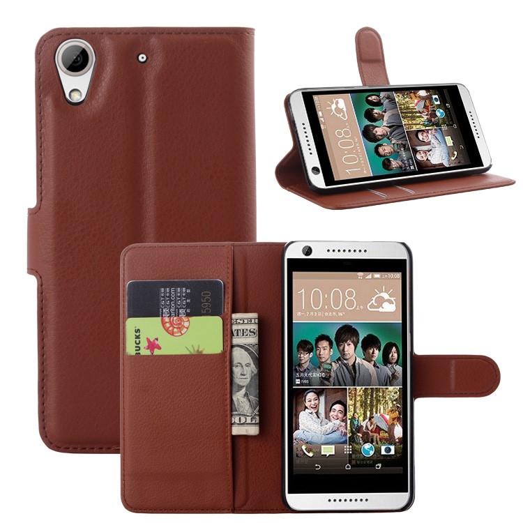 Litchi Leather Folio Flip Cover with Wallet Slots for HTC Desire 650 Single SIM - Brown-1