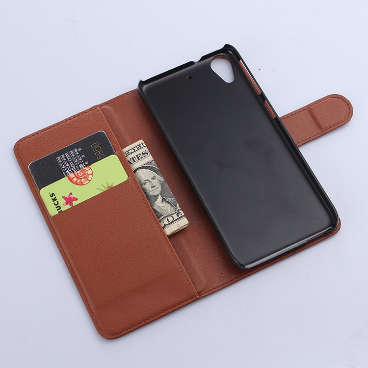 Litchi Leather Folio Flip Cover with Wallet Slots for HTC Desire 650 Single SIM - Brown-3