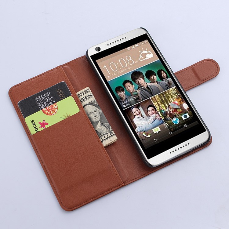 Litchi Leather Folio Flip Cover with Wallet Slots for HTC Desire 650 Single SIM - Brown-4