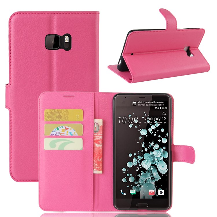 Litchi Texture Leather Folio Flip Case with Wallet Slots for HTC U Ultra - Rose-1