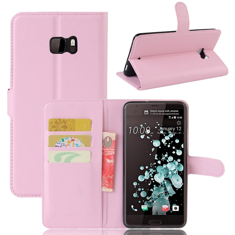 Litchi Texture PU Leather Card Slots Stand Shell for HTC U Ultra - Pink-1