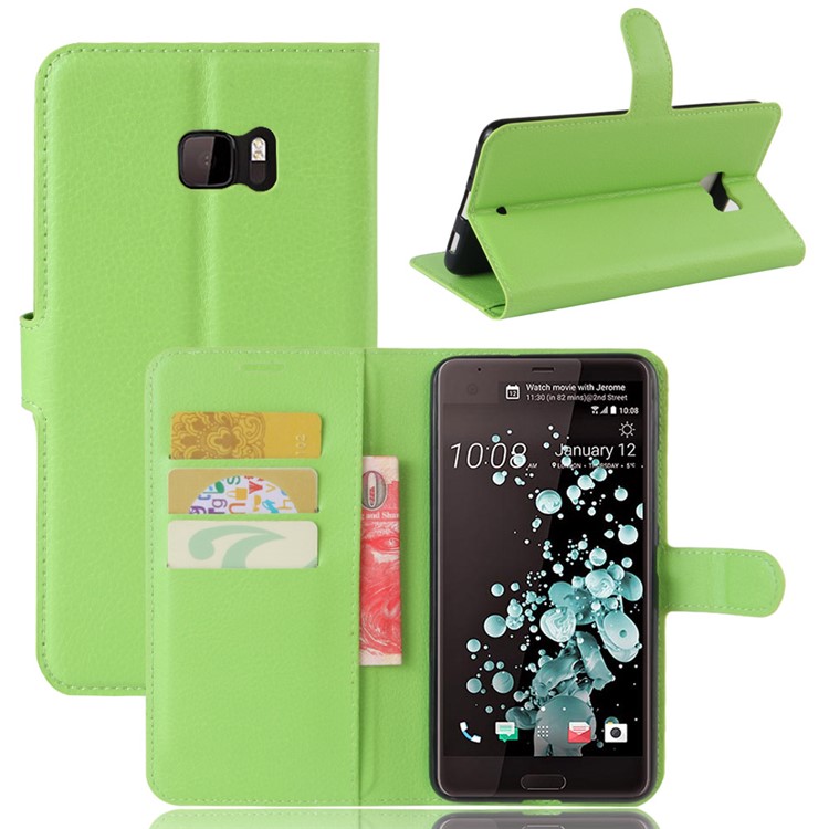 For HTC U Ultra Mobile Cover Litchi Texture Leather Wallet Case - Green-1