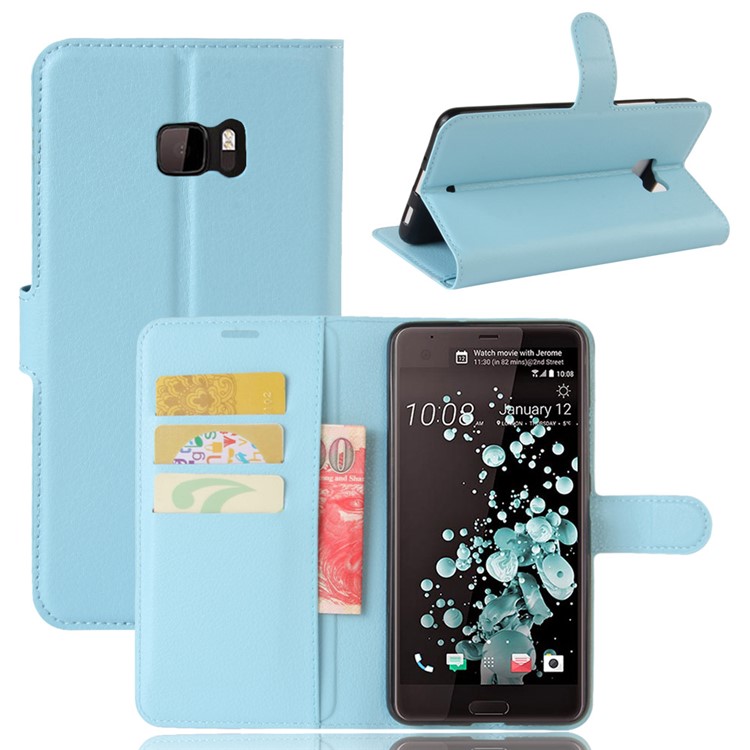 Litchi Texture Leather Wallet Mobile Casing Cover for HTC U Ultra - Blue-1