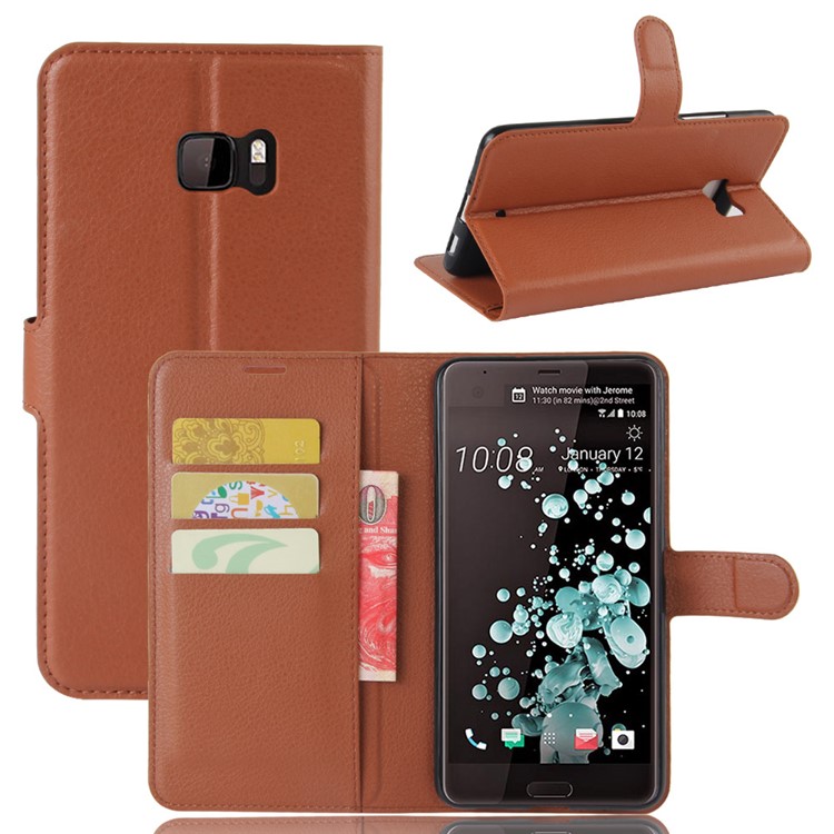 Litchi Texture Leather Cover Stand Card Holder for HTC U Ultra - Brown-1