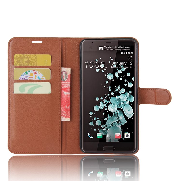 Litchi Texture Leather Cover Stand Card Holder for HTC U Ultra - Brown-4