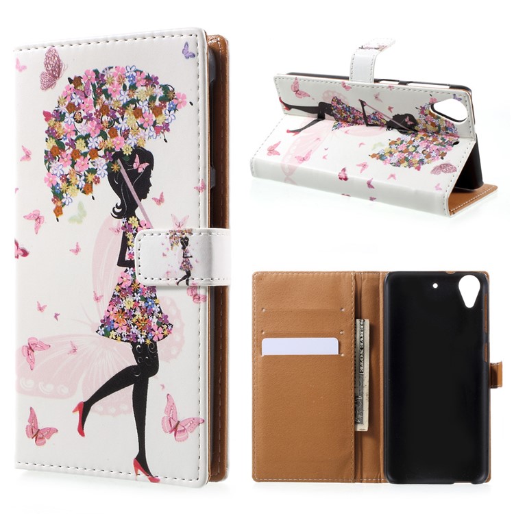 Printing Pattern Leather Wallet Cover for HTC Desire 650 Single SIM - Flowered Girl Butterflies-1