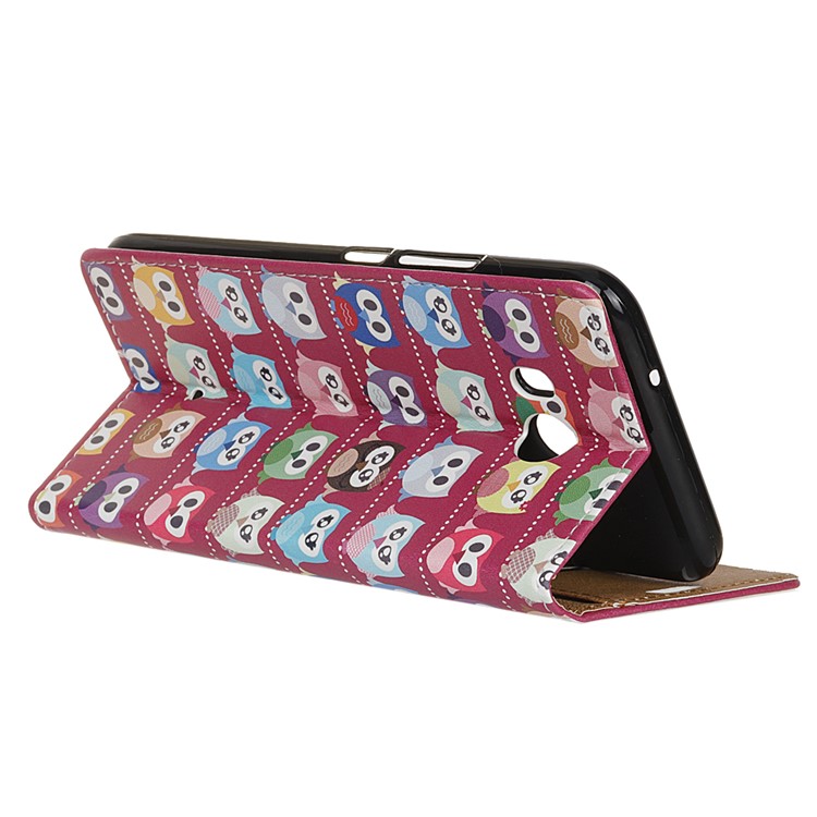 Pattern Printing PU Leather Wallet Stand Case for HTC U11 - Multi Owls Purple Background-4