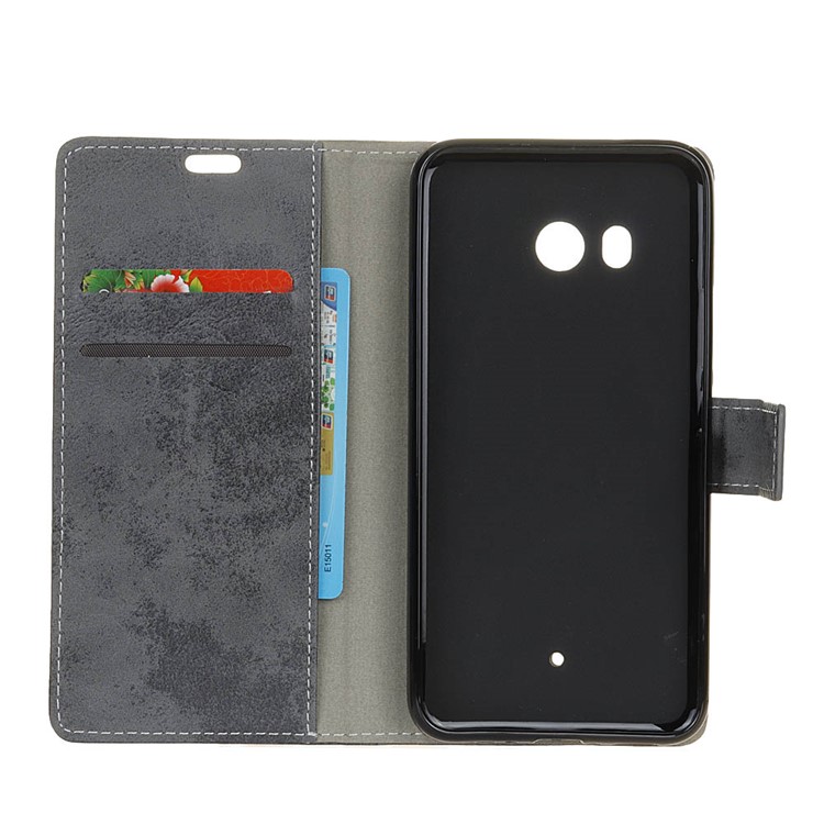 For HTC U11 Retro Style Wallet Stand Leather Cover - Grey-4