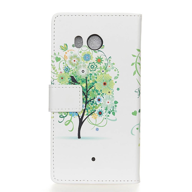 Patterned Leather Wallet Mobile Case for HTC U11 - Green Flower Tree-2