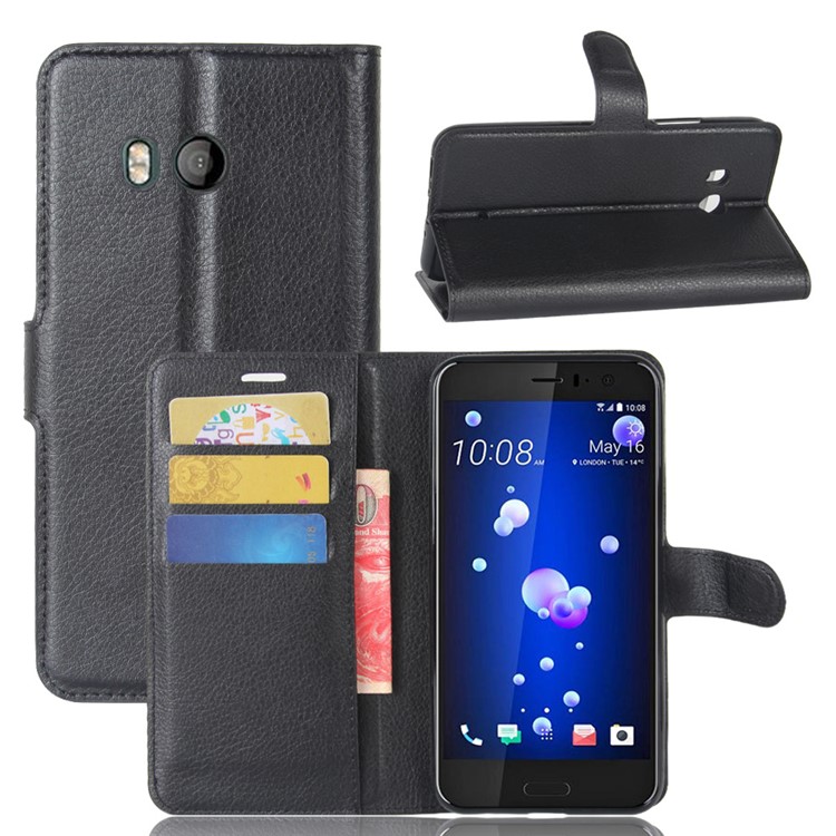 For HTC U11 Litchi Skin Wallet Leather Flip Shell Cover with Stand - Black-1