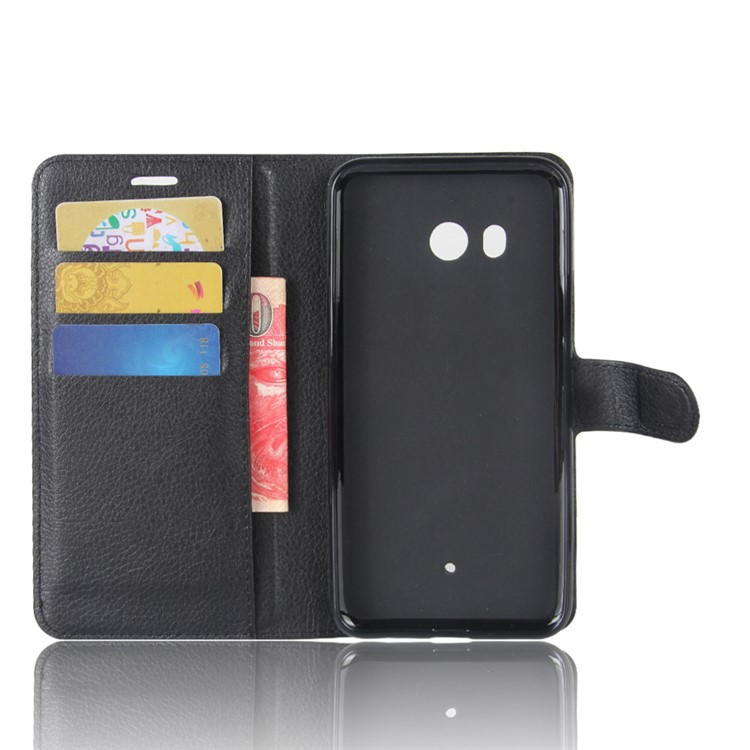 For HTC U11 Litchi Skin Wallet Leather Flip Shell Cover with Stand - Black-3
