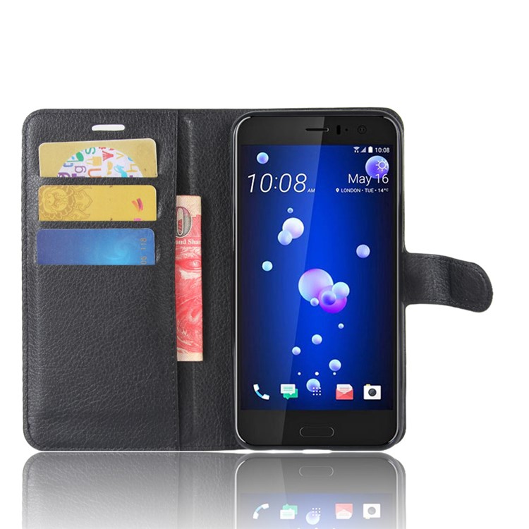 For HTC U11 Litchi Skin Wallet Leather Flip Shell Cover with Stand - Black-4