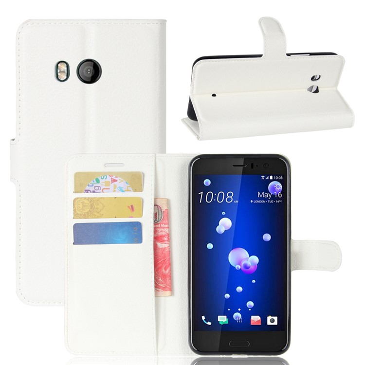 For HTC U11 Litchi Skin Wallet Leather Flip Casing Cover with Stand - White-1