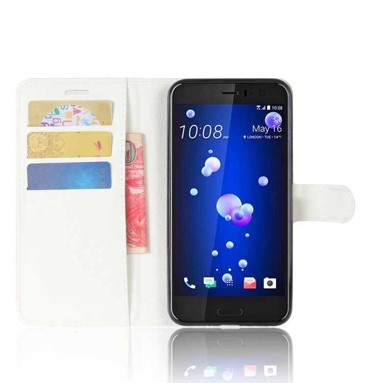 For HTC U11 Litchi Skin Wallet Leather Flip Casing Cover with Stand - White-4