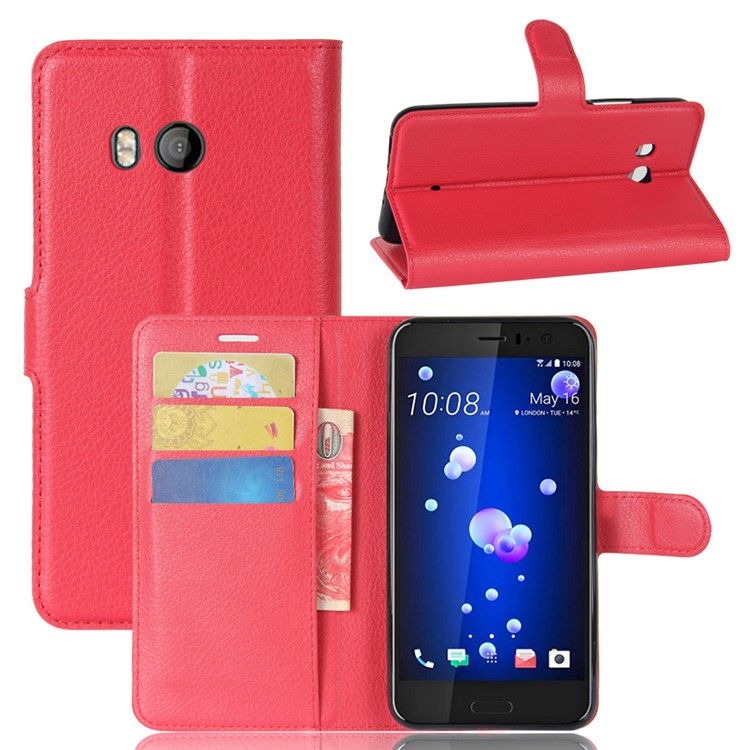 For HTC U11 Litchi Skin Wallet Leather Flip Phone Shell with Stand - Red-1