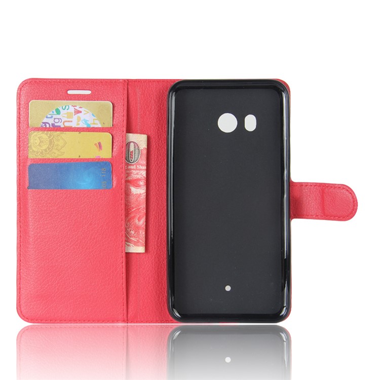 For HTC U11 Litchi Skin Wallet Leather Flip Phone Shell with Stand - Red-3