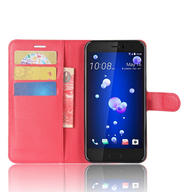 For HTC U11 Litchi Skin Wallet Leather Flip Phone Shell with Stand - Red-4