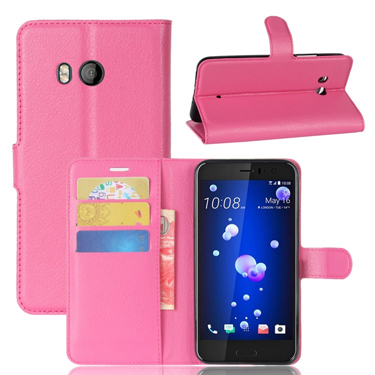 For HTC U11 Litchi Skin Wallet Leather Flip Phone Cover with Stand - Rose-1