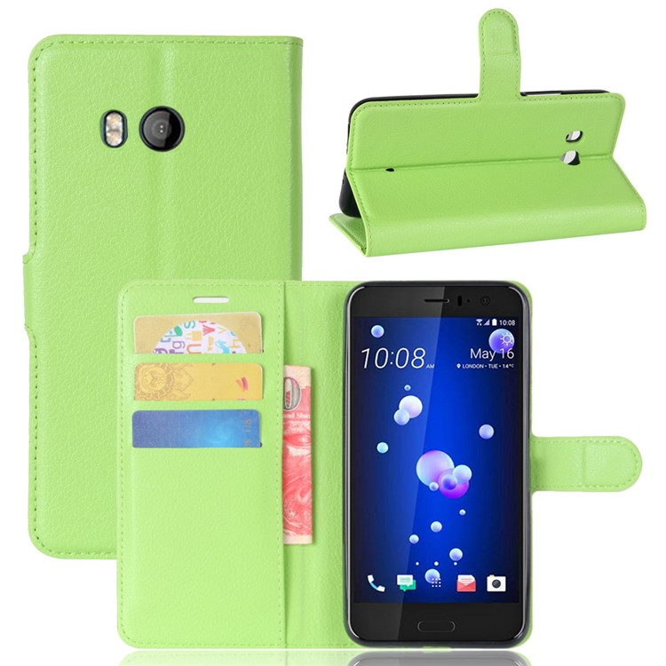 For HTC U11 Litchi Skin Wallet Leather Flip Phone Accessory Case with Stand - Green-1