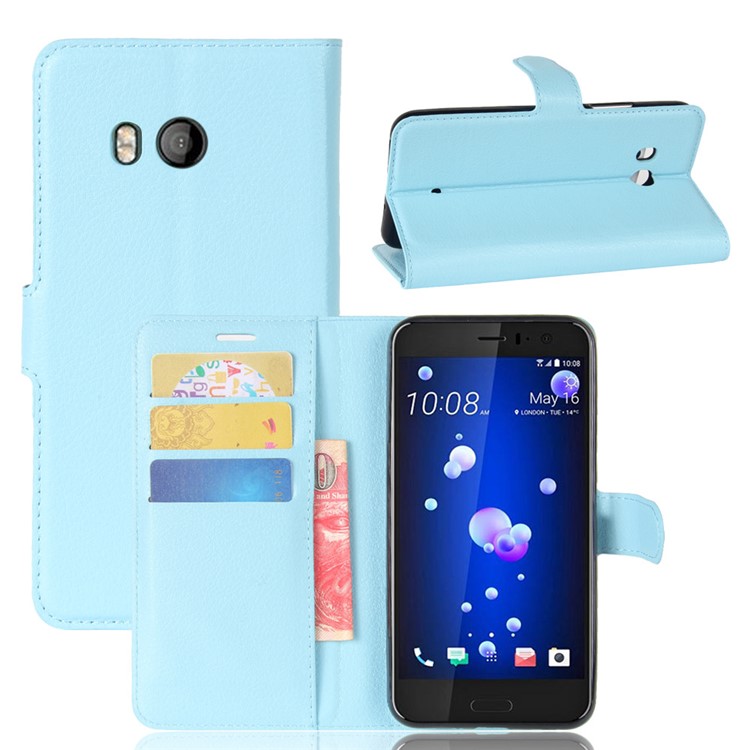 For HTC U11 Litchi Skin Wallet Leather Flip Phone Protection Shell with Stand - Blue-1