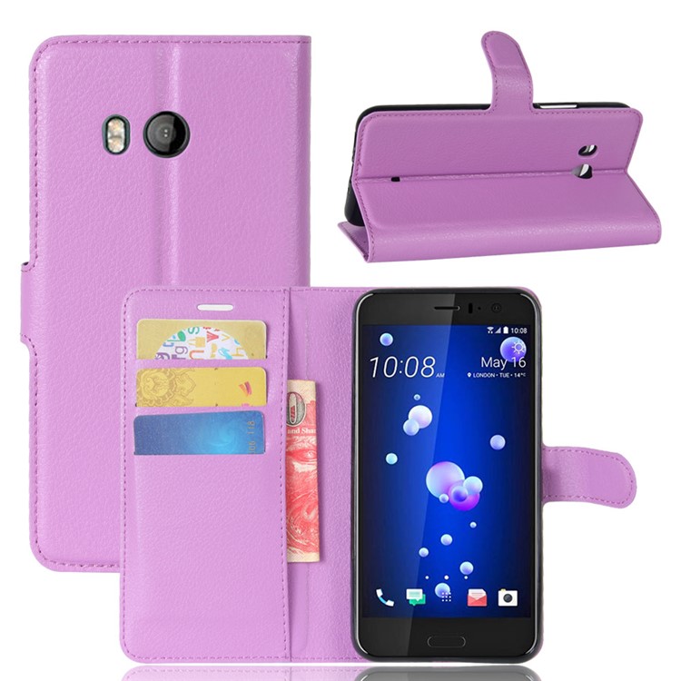 For HTC U11 Litchi Skin Wallet Leather Flip Mobile Phone Shell with Stand - Purple-1