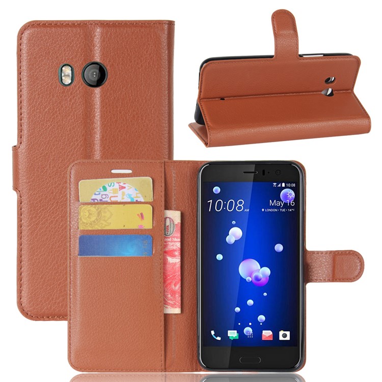 For HTC U11 Litchi Skin Wallet Leather Flip Cellphone Cover with Stand - Brown-1