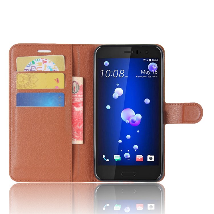 For HTC U11 Litchi Skin Wallet Leather Flip Cellphone Cover with Stand - Brown-4