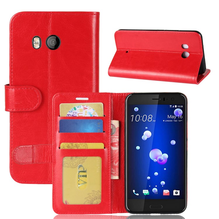 Crazy Horse Stand Wallet Leather Cell Phone Shell for HTC U11 - Red-1