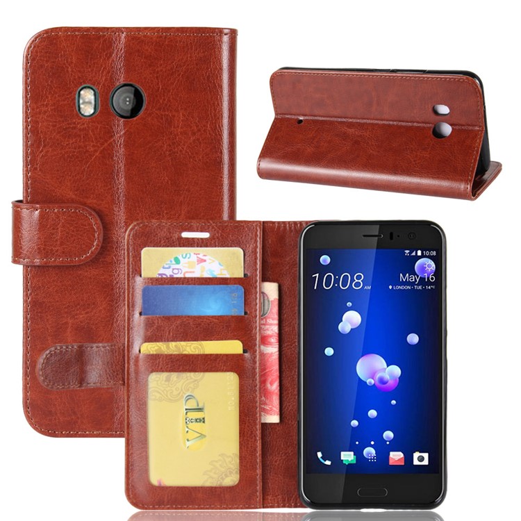 Crazy Horse Stand Wallet Flip Leather Mobile Phone Casing for HTC U11 - Brown-1