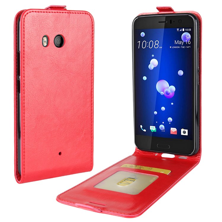 Crazy Horse Vertical Flip Leather Cell Phone Case with Card/Photo Slot for HTC U11 - Red-1