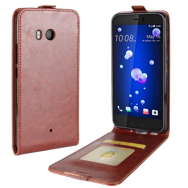 Crazy Horse Vertical Flip Leather Cell Phone Cover with Card/Photo Slot for HTC U11 - Brown-1