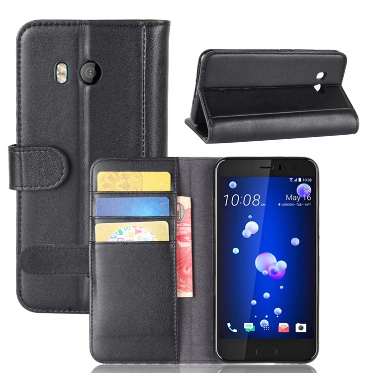 Genuine Split Leather Wallet Phone Shell with Stand for HTC U11 - Black-1