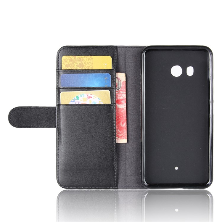 Genuine Split Leather Wallet Phone Shell with Stand for HTC U11 - Black-4