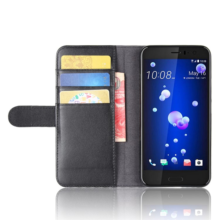 Genuine Split Leather Wallet Phone Shell with Stand for HTC U11 - Black-5