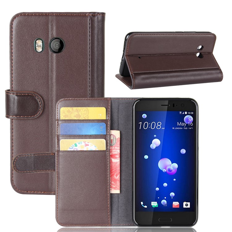 Genuine Split Leather Wallet Phone Cover with Stand for HTC U11 - Brown-1
