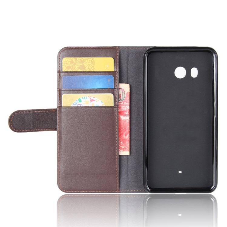 Genuine Split Leather Wallet Phone Cover with Stand for HTC U11 - Brown-4