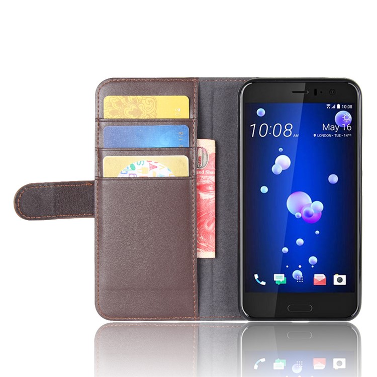 Genuine Split Leather Wallet Phone Cover with Stand for HTC U11 - Brown-5