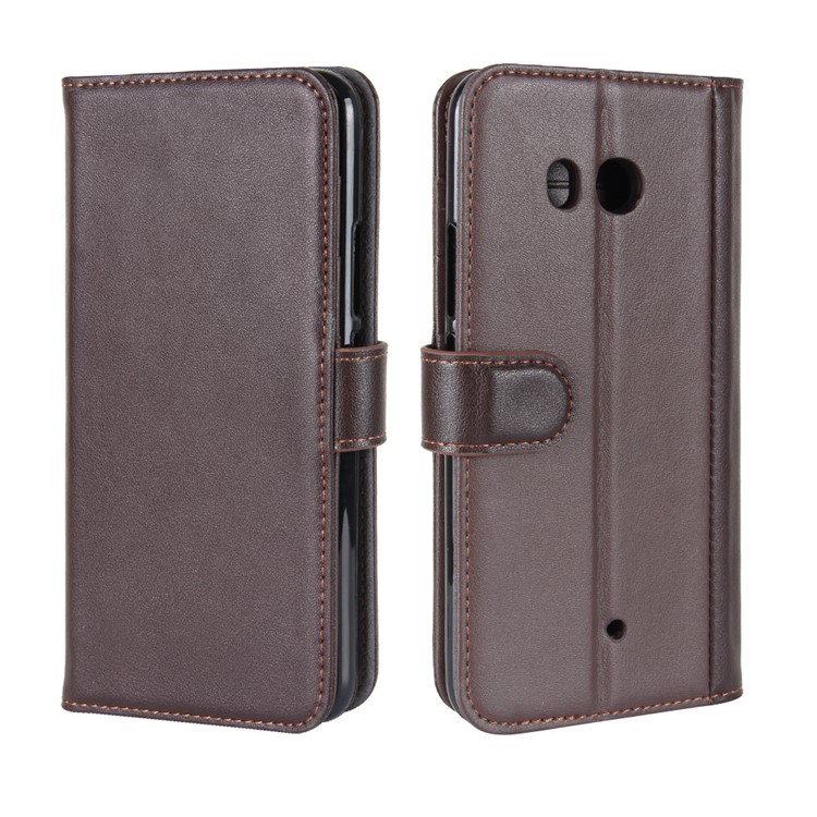 Genuine Split Leather Wallet Phone Cover with Stand for HTC U11 - Brown-8