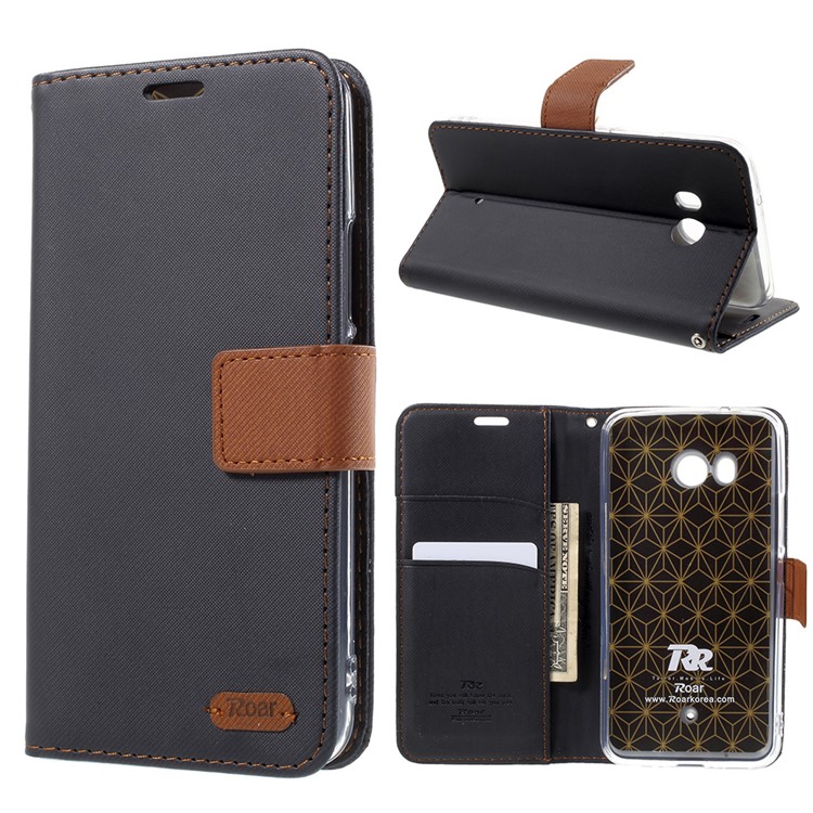 ROAR KOREA Twill Grain Leather Wallet Stand Case for HTC U11 - Black-1